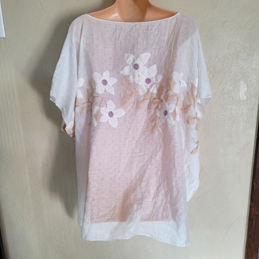 Memories Fashion Ivory Swim Cover Up Poncho with Floral Embroidery One Size